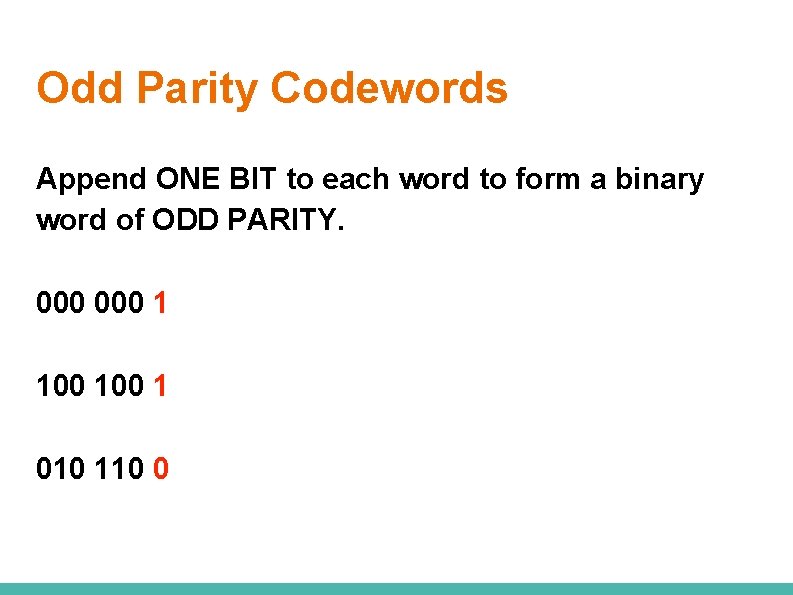 Odd Parity Codewords Append ONE BIT to each word to form a binary word