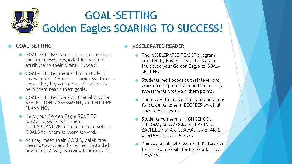 GOAL-SETTING Golden Eagles SOARING TO SUCCESS! GOAL-SETTING is an important practice that many well