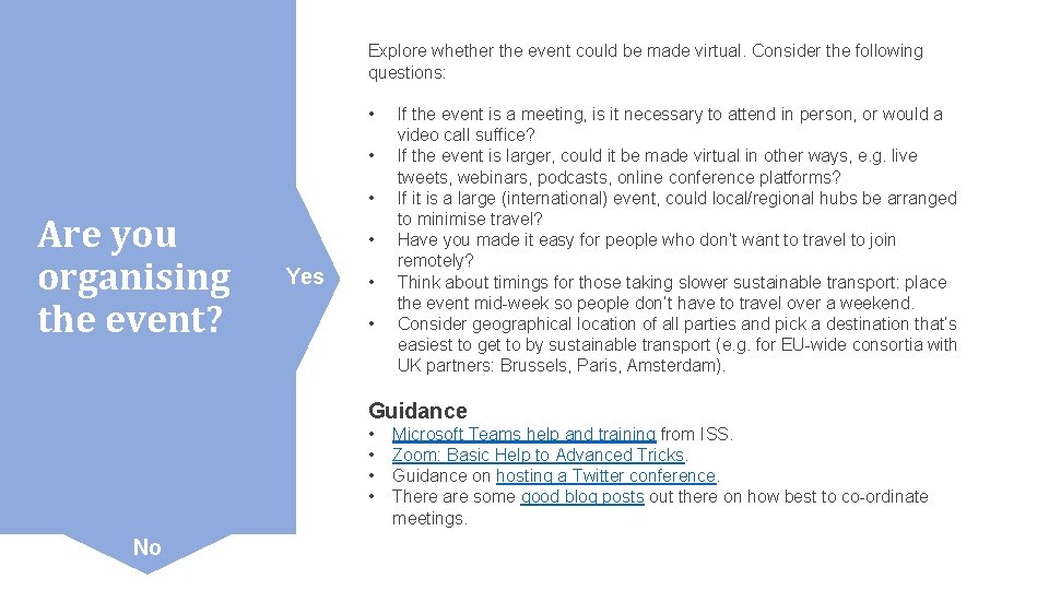 Explore whether the event could be made virtual. Consider the following questions: • •