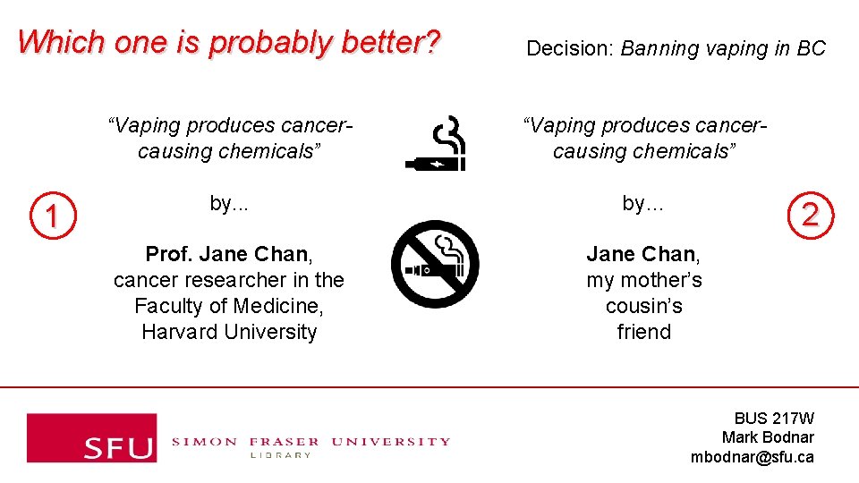 Which one is probably better? 1 Decision: Banning vaping in BC “Vaping produces cancercausing