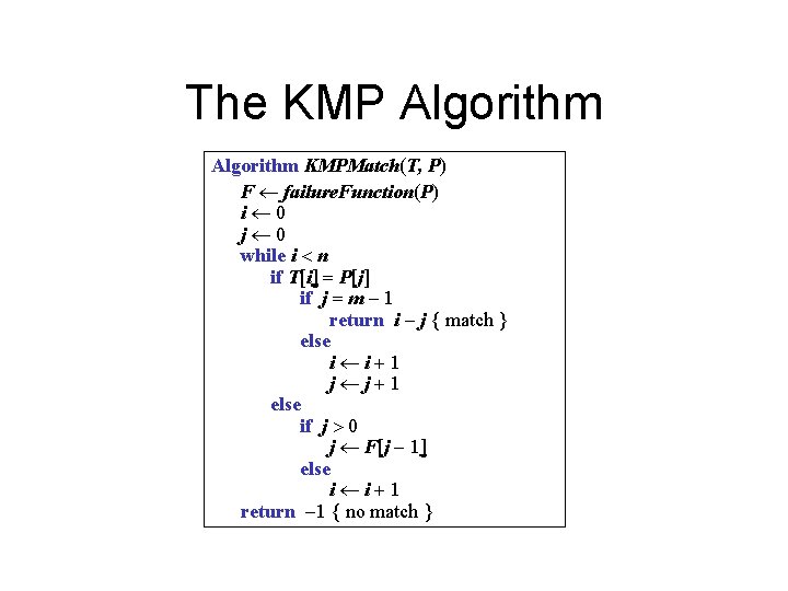 The KMP Algorithm KMPMatch(T, P) F failure. Function(P) i 0 j 0 while i