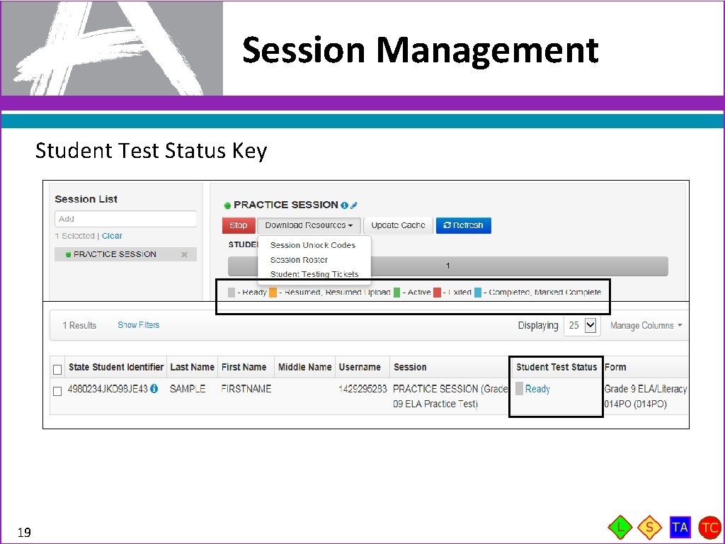 Session Management Student Test Status Key 19 