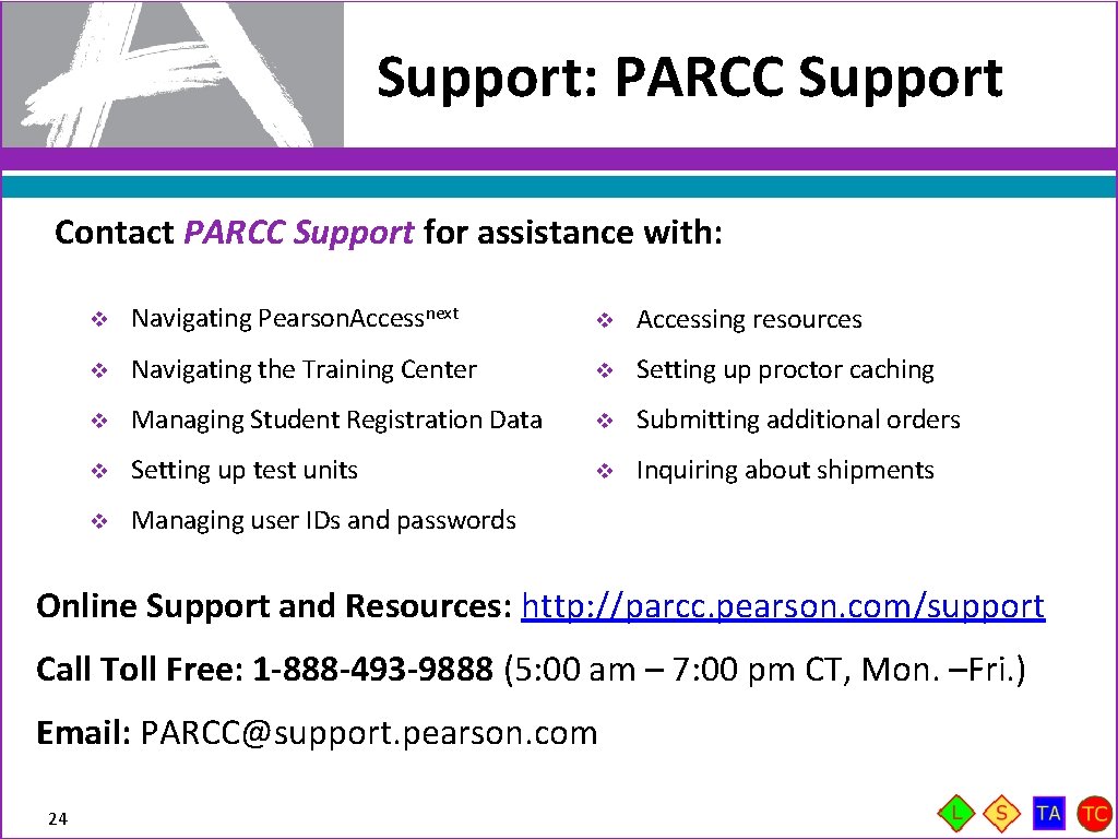 Support: PARCC Support Contact PARCC Support for assistance with: v Navigating Pearson. Accessnext v