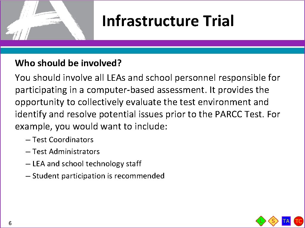 Infrastructure Trial Who should be involved? You should involve all LEAs and school personnel