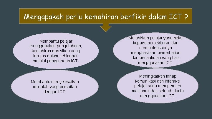 Mengapakah perlu kemahiran berfikir dalam ICT ? Membantu pelajar menggunakan pengetahuan, kemahiran dan sikap