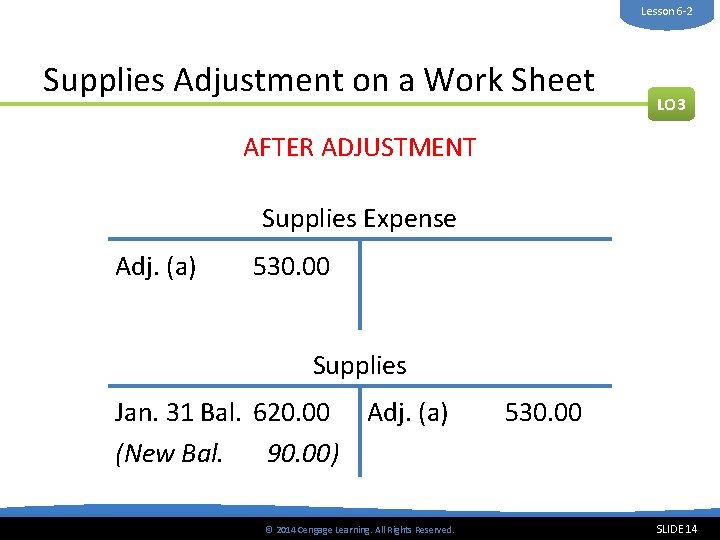 Lesson 6 -2 Supplies Adjustment on a Work Sheet LO 3 BEFORE AFTER ADJUSTMENT