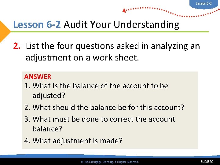 Lesson 6 -2 Audit Your Understanding 2. List the four questions asked in analyzing