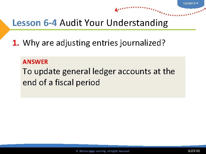 Lesson 6 -4 Audit Your Understanding 1. Why are adjusting entries journalized? ANSWER To