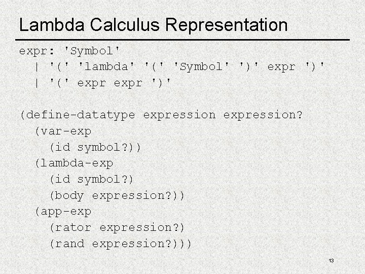 Lambda Calculus Representation expr: 'Symbol' | '(' 'lambda' '(' 'Symbol' ')' expr ')' |