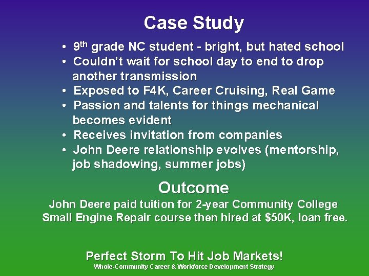 Case Study • 9 th grade NC student - bright, but hated school •