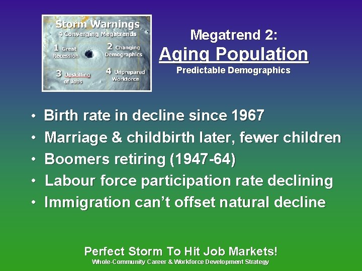 Megatrend 2: Aging Population Predictable Demographics • Birth rate in decline since 1967 •