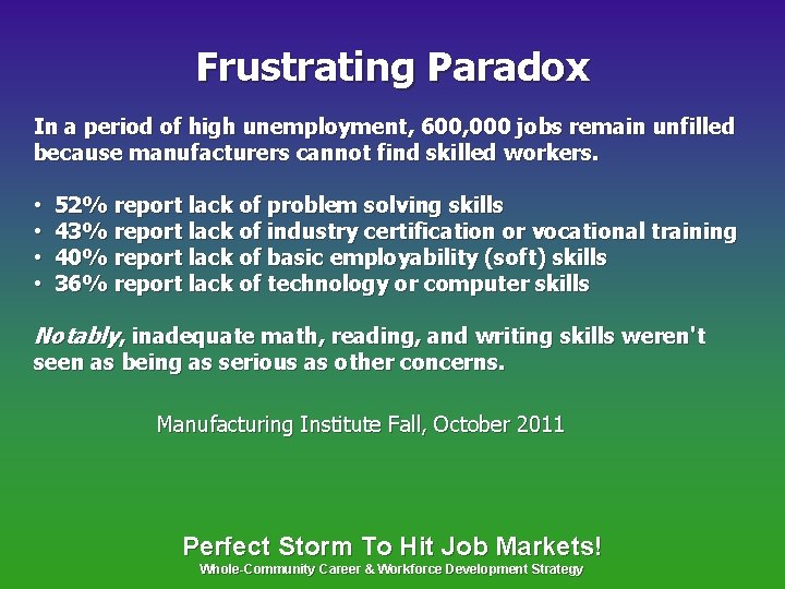 Frustrating Paradox In a period of high unemployment, 600, 000 jobs remain unfilled because