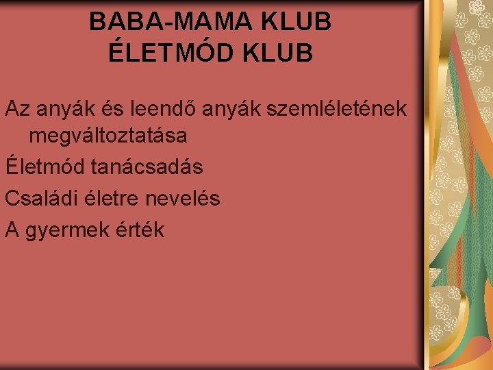 BABA-MAMA KLUB ÉLETMÓD KLUB Az anyák és leendő anyák szemléletének megváltoztatása Életmód tanácsadás Családi