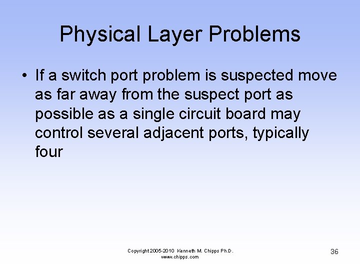Physical Layer Problems • If a switch port problem is suspected move as far