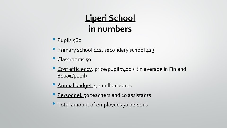 Liperi School in numbers • Pupils 560 • Primary school 142, secondary school 423