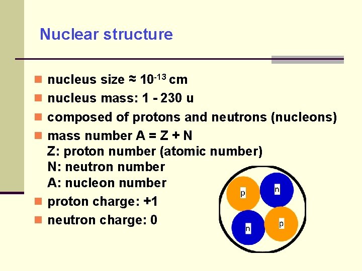 Nuclear structure nucleus size ≈ 10 -13 cm nucleus mass: 1 - 230 u