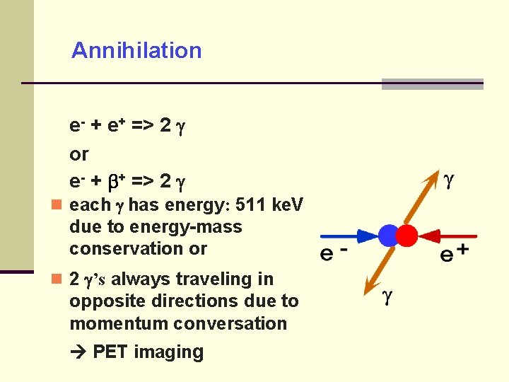 Annihilation e- + e+ => 2 or e- + + => 2 each has