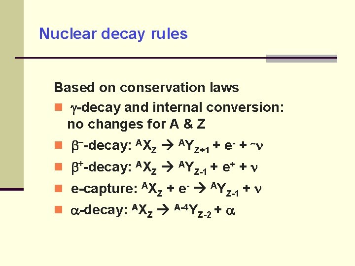 Nuclear decay rules Based on conservation laws -decay and internal conversion: no changes for