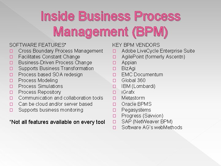 Inside Business Process Management (BPM) SOFTWARE FEATURES* � Cross Boundary Process Management � Facilitates Inside Business Process Management (BPM) SOFTWARE FEATURES* � Cross Boundary Process Management � Facilitates