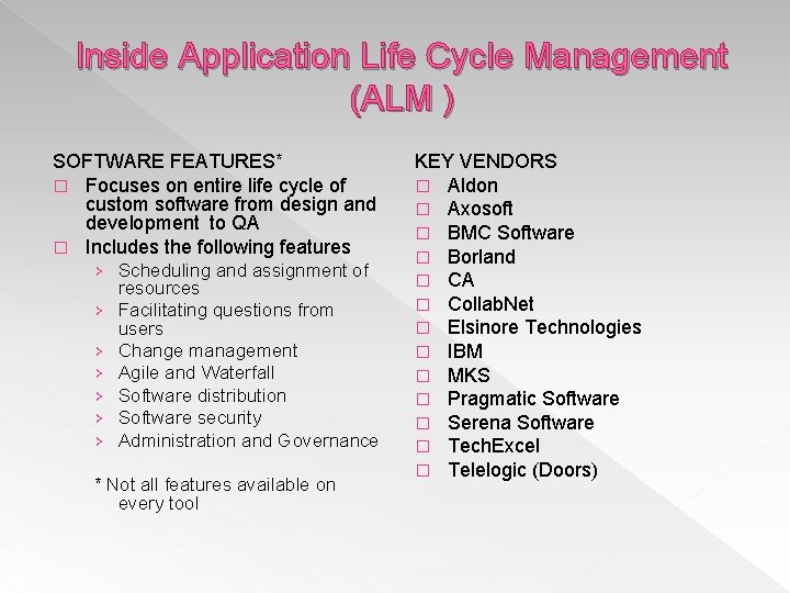 Inside Application Life Cycle Management (ALM ) SOFTWARE FEATURES* � Focuses on entire life Inside Application Life Cycle Management (ALM ) SOFTWARE FEATURES* � Focuses on entire life