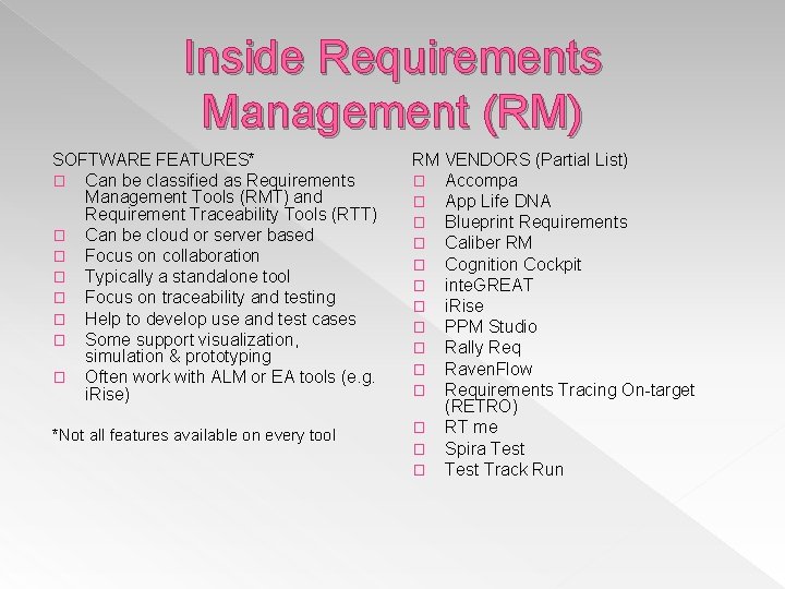 Inside Requirements Management (RM) SOFTWARE FEATURES* � Can be classified as Requirements Management Tools Inside Requirements Management (RM) SOFTWARE FEATURES* � Can be classified as Requirements Management Tools