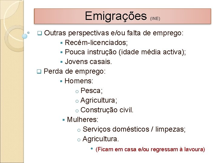 Emigrações (INE) Outras perspectivas e/ou falta de emprego: § Recém-licenciados; § Pouca instrução (idade