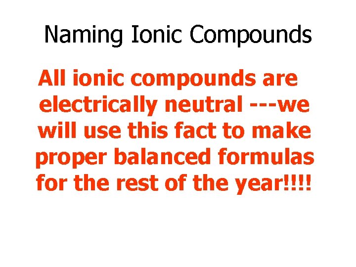 Naming Ionic Compounds All ionic compounds are electrically neutral ---we will use this fact