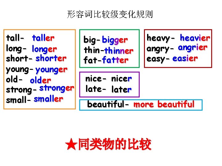 形容词比较级变化规则 tall- taller long- longer short- shorter young- younger old- older strong- stronger small-