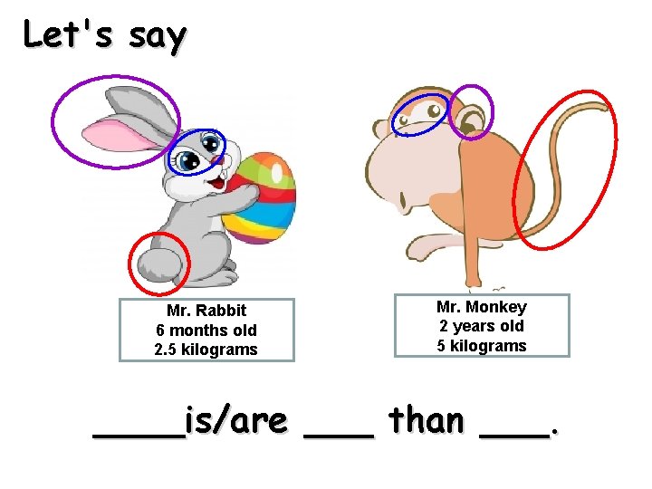 Let's say Mr. Rabbit 6 months old 2. 5 kilograms Mr. Monkey 2 years