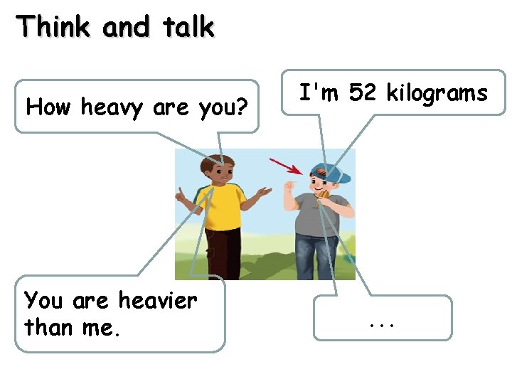 Think and talk How heavy are you? You are heavier than me. I'm 52