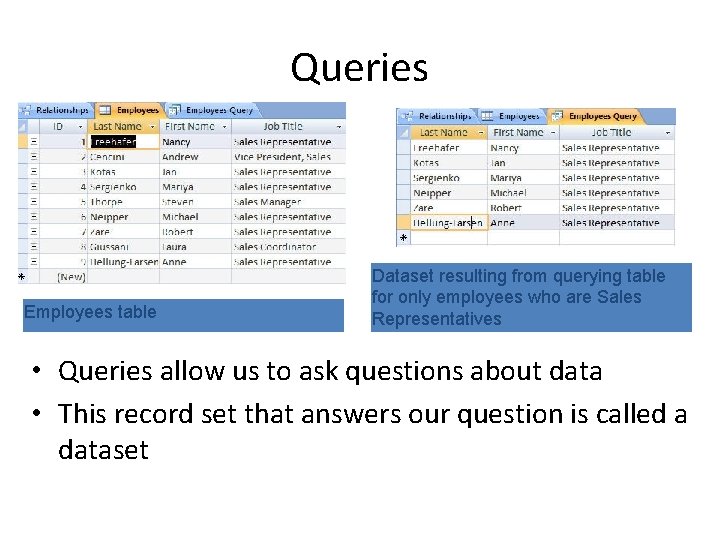 Queries Employees table Dataset resulting from querying table for only employees who are Sales