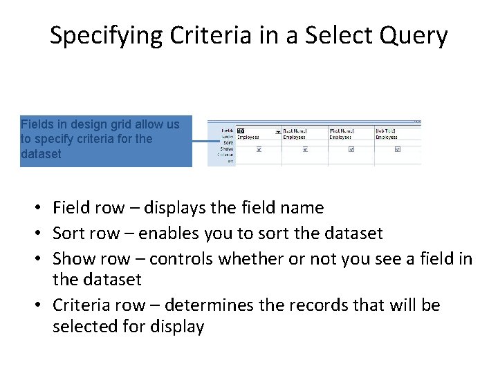 Specifying Criteria in a Select Query Fields in design grid allow us to specify