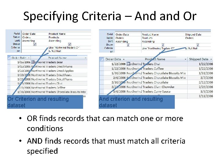 Specifying Criteria – And and Or Or Criterion and resulting dataset And criterion and