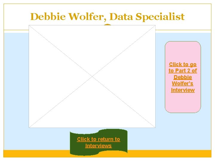 Debbie Wolfer, Data Specialist Click to go to Part 2 of Debbie Wolfer’s Interview