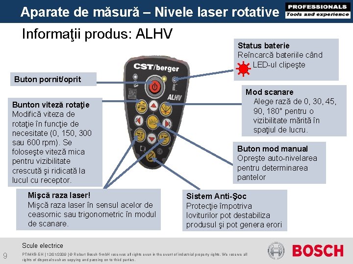 Aparate de măsură – Nivele laser rotative Informaţii produs: ALHV Status baterie Reîncarcă bateriile
