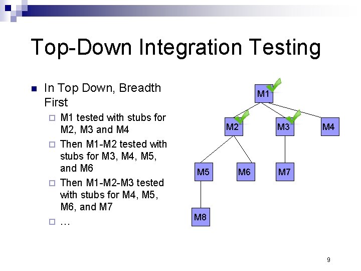 Top-Down Integration Testing n In Top Down, Breadth First M 1 tested with stubs