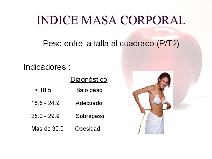 INDICE MASA CORPORAL Peso entre la talla al cuadrado (P/T 2) Indicadores : Diagnóstico