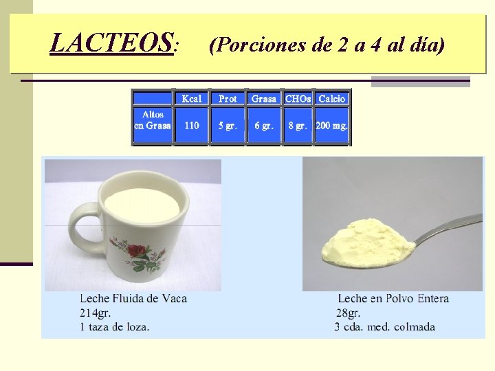 LACTEOS: (Porciones de 2 a 4 al día) 