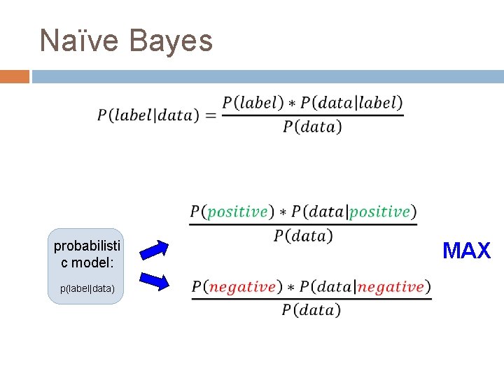 Naïve Bayes probabilisti c model: p(label|data) MAX 