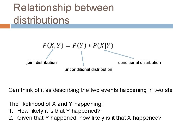 Relationship between distributions joint distribution conditional distribution unconditional distribution Can think of it as