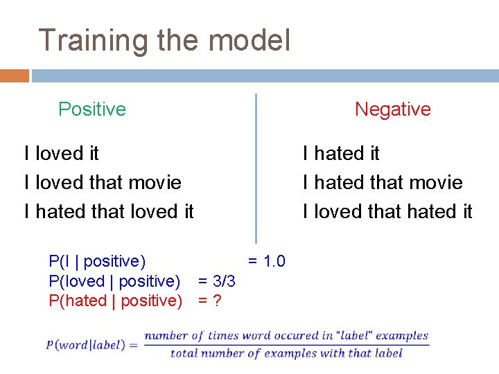 Training the model Positive I loved it I loved that movie I hated that