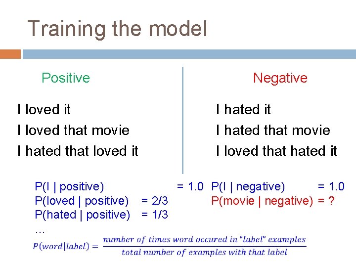 Training the model Positive I loved it I loved that movie I hated that