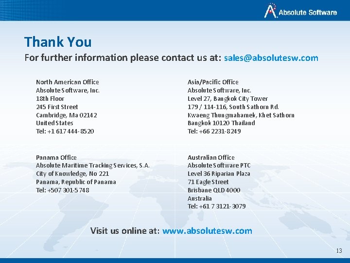Thank You For further information please contact us at: sales@absolutesw. com North American Office