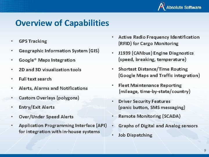 Overview of Capabilities • Active Radio Frequency Identification (RFID) for Cargo Monitoring • GPS