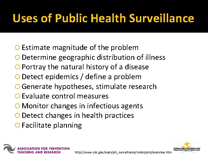 Uses of Public Health Surveillance Estimate magnitude of the problem Determine geographic distribution of