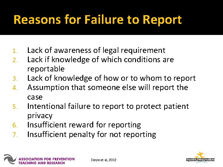 Reasons for Failure to Report 1. 2. 3. 4. 5. 6. 7. Lack of