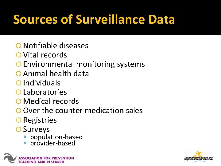 Sources of Surveillance Data Notifiable diseases Vital records Environmental monitoring systems Animal health data