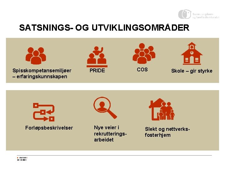 SATSNINGS- OG UTVIKLINGSOMRÅDER Spisskompetansemiljøer – erfaringskunnskapen Forløpsbeskrivelser 8 BUFDIR / 22. 10. 2021 PRIDE