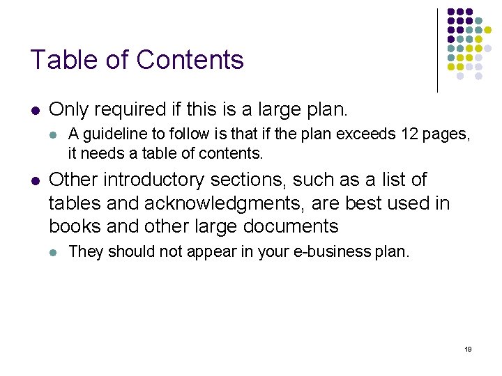 Table of Contents l Only required if this is a large plan. l l