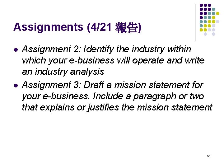 Assignments (4/21 報告) l l Assignment 2: Identify the industry within which your e-business